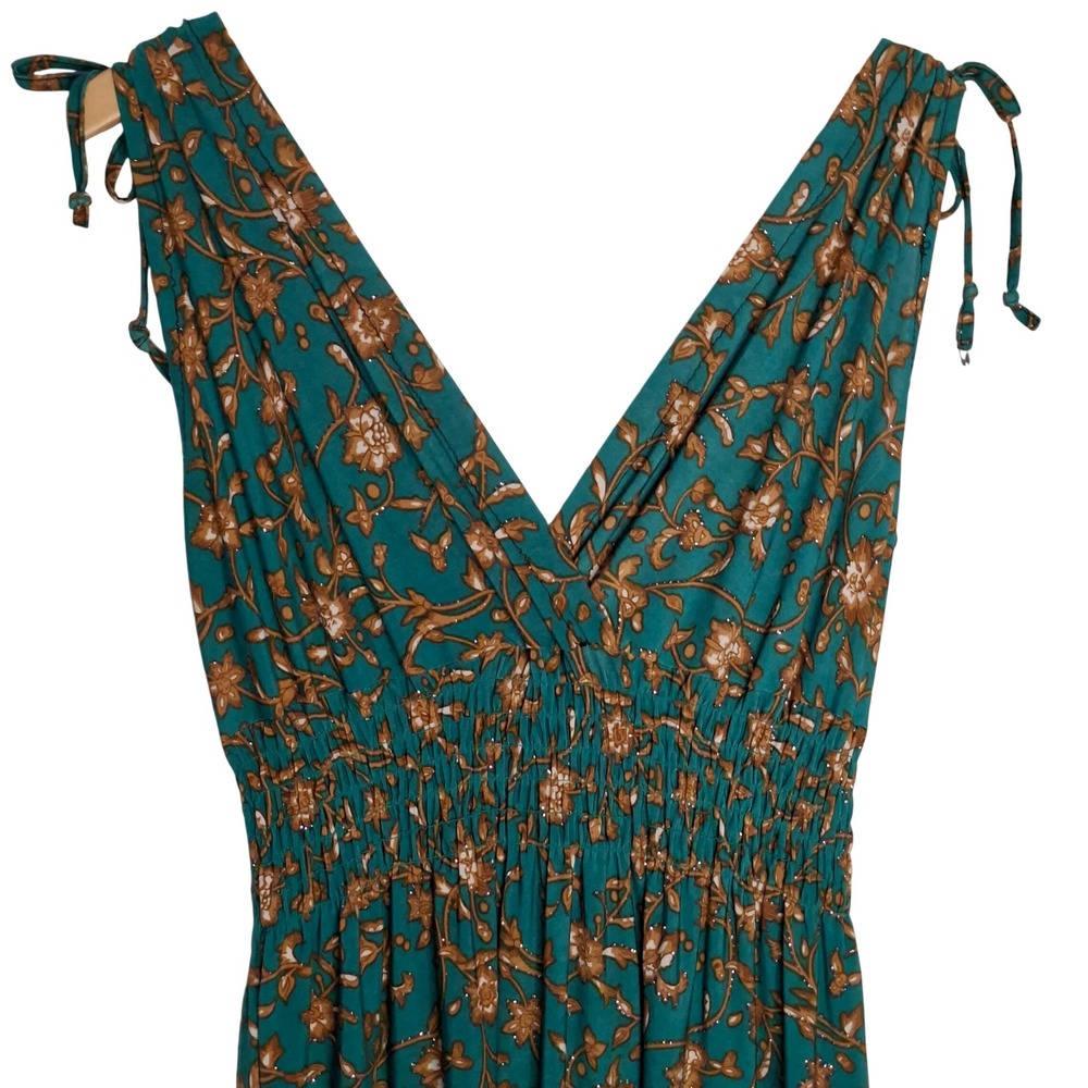 Seven Islands Maxi Dress L Women Teal Excellent Floral Smocked Tie Boho Sundress